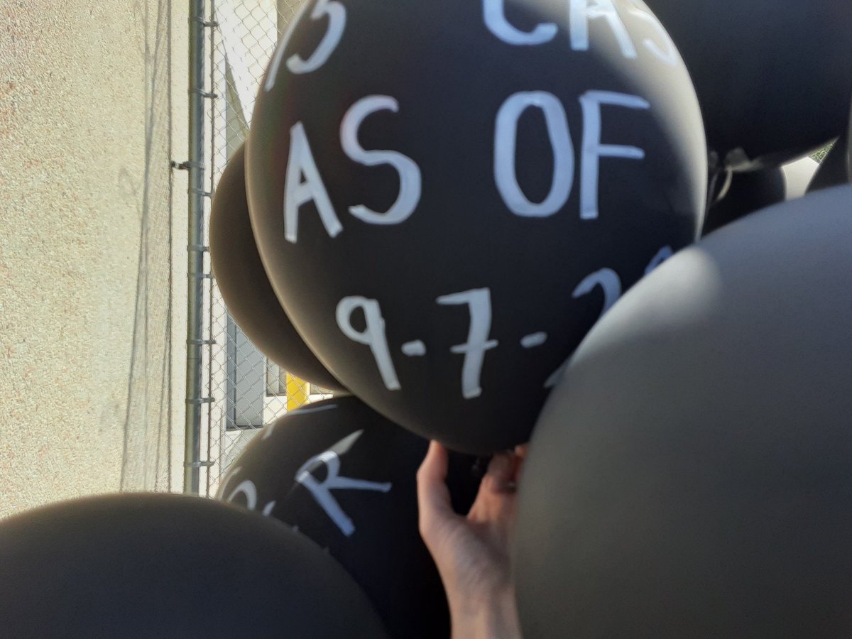 This all started with a demo in solidarity with people facing coronavirus in Alamance County jails. Here are some demands written on balloons, including air scrubbers with hepa filters and 6 ft social distance.