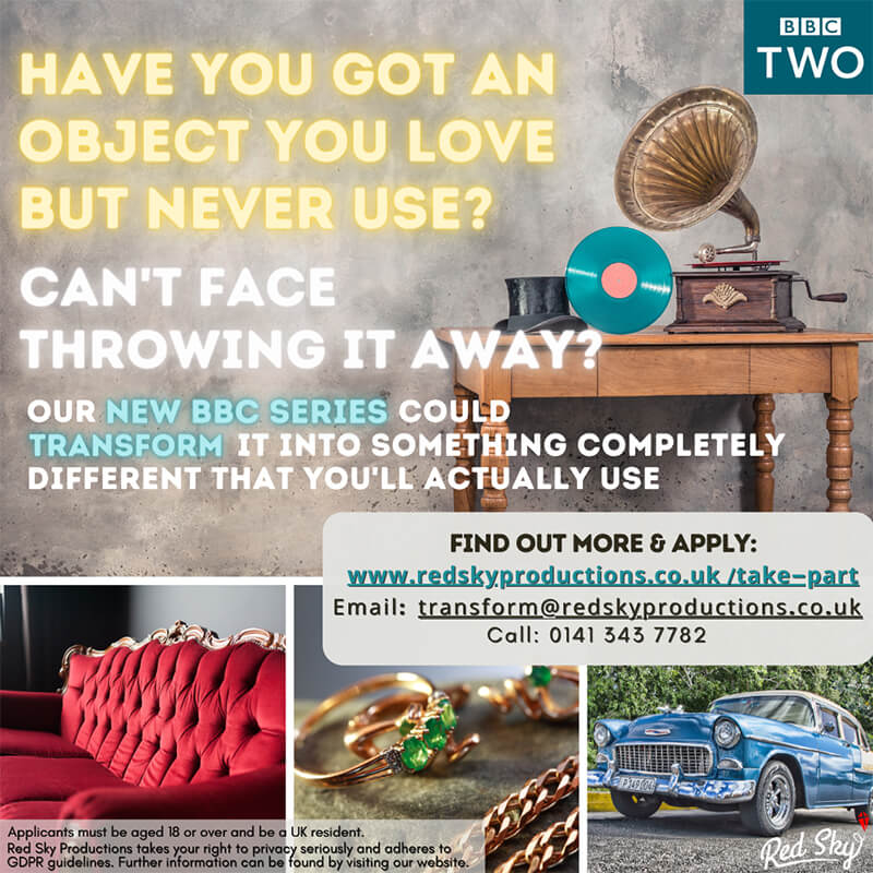 blacknet's tweet photo. Applications are now open for this brand-new BBC series.
They’re turning much-loved but never used objects from home into something completely different. Something you'll actually use! Get in touch with the team.
Contact details are on the flyer or call 0141 343 8882 https://t.co/7JET3RMVXh