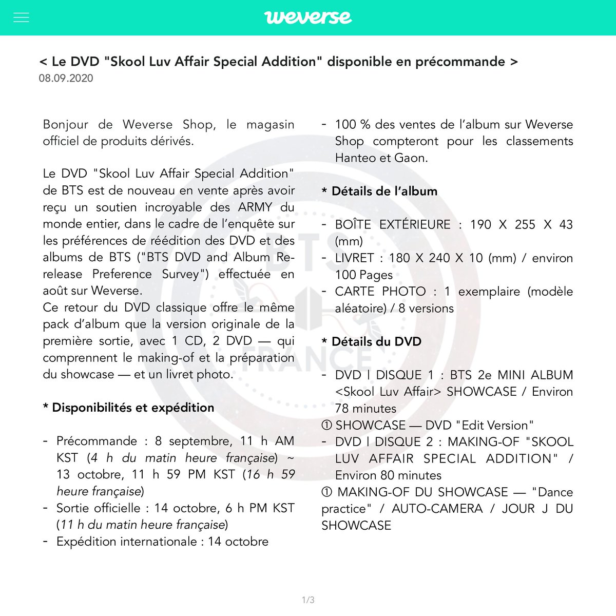 Bts Franceᴮᴱ On Twitter Info Voici La Traduction Francaise De La Notice Weverse Relative A La Remise En Vente Du Dvd Skool Luv Affair Special Addition Https T Co Qv40fhdche Https T Co 0uzh69c4uz