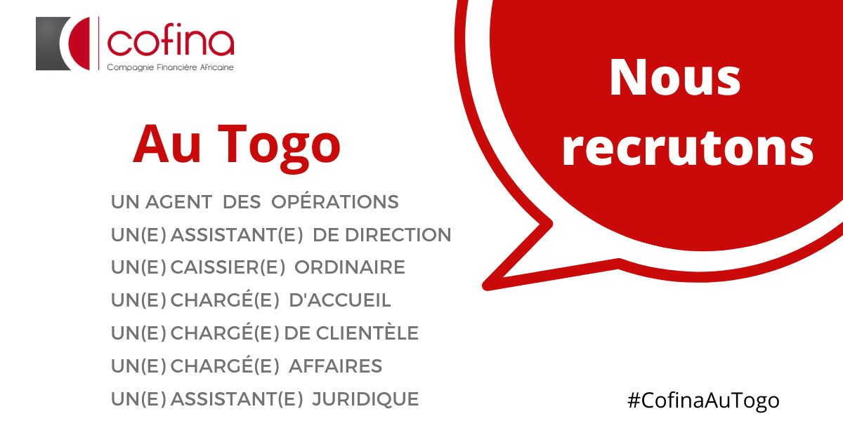 GROUPECOFINA's tweet photo. Dans le cadre du lancement de la filiale du Togo, le Groupe COFINA recrute différents profils. 
Prenez connaissance de l'intégralité des offres ici: https://t.co/aGy7EN8jT8

Offres valables jusqu'au 15 Septembre
  #Recrutement #Cofinarecrute #CofinaAuTogo https://t.co/y8s5zOwdc9