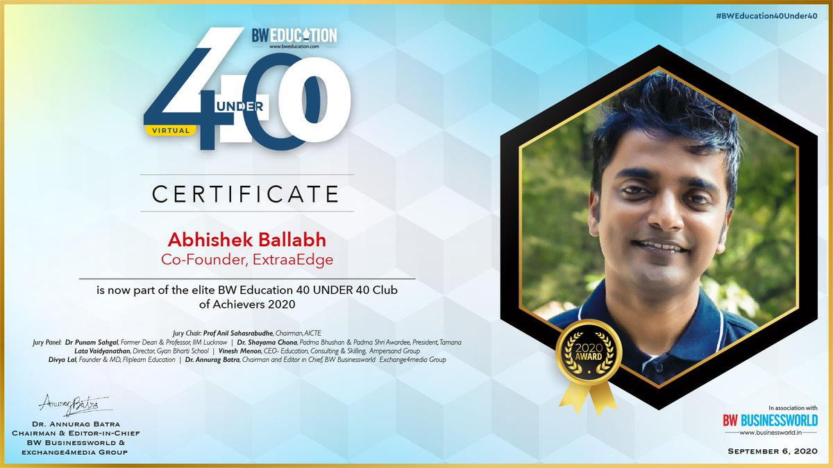 ExtraaEdge's tweet image. A BIG shoutout to Our Co-founder Abhishek Ballabh who has been featured in the Elite @BWBusinessworld 40 under 40 Club of Achievers.
Read more about the event & his journey👉bit.ly/3i5BUke
#education #edtech #saas #Entrepreneurship #Leaders #extraaedge #Inspiration