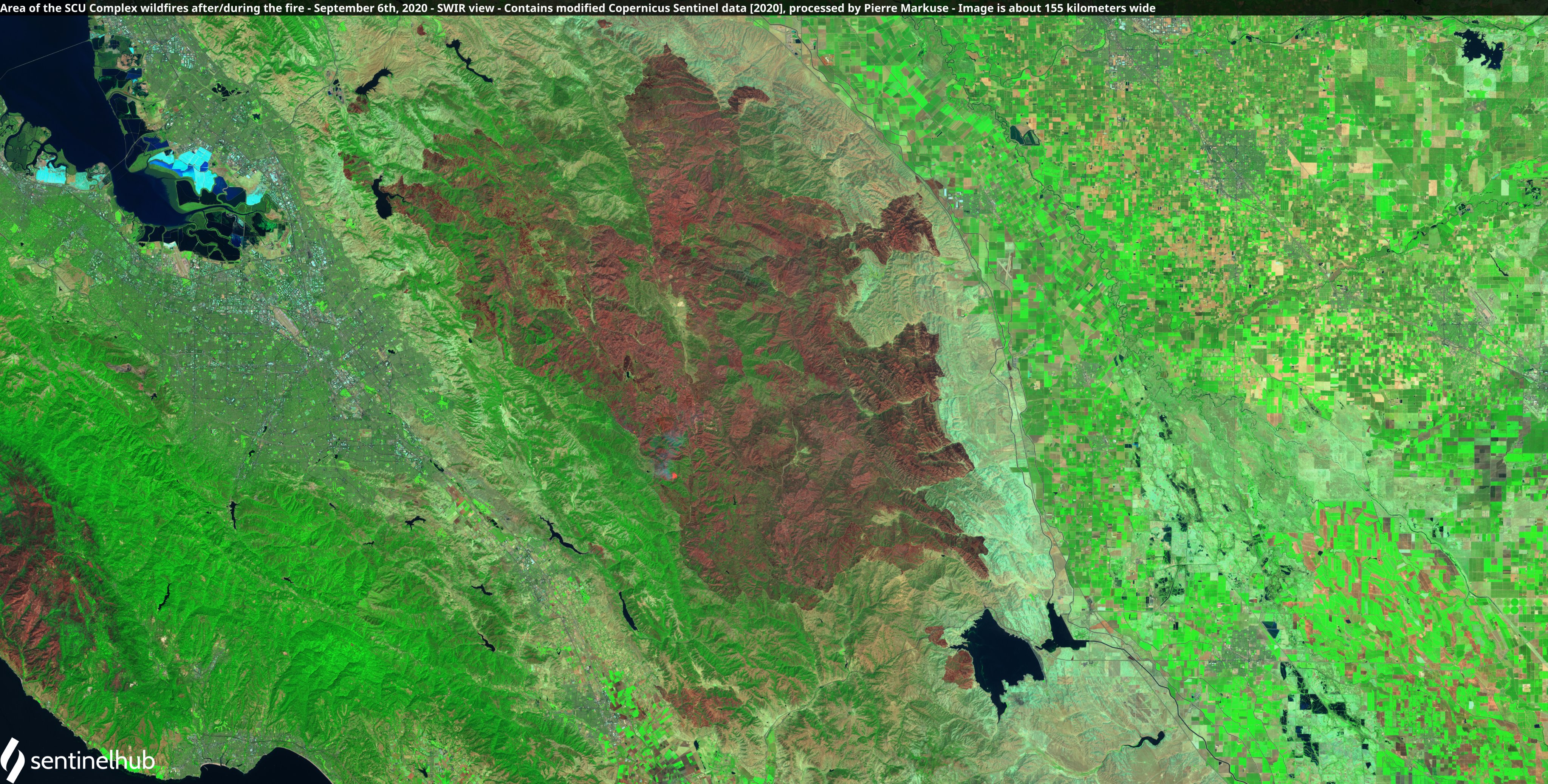 Satellite image of the area of the SCU Lightning Complex fires after/during the fire. Copernicus/Pierre Markuse