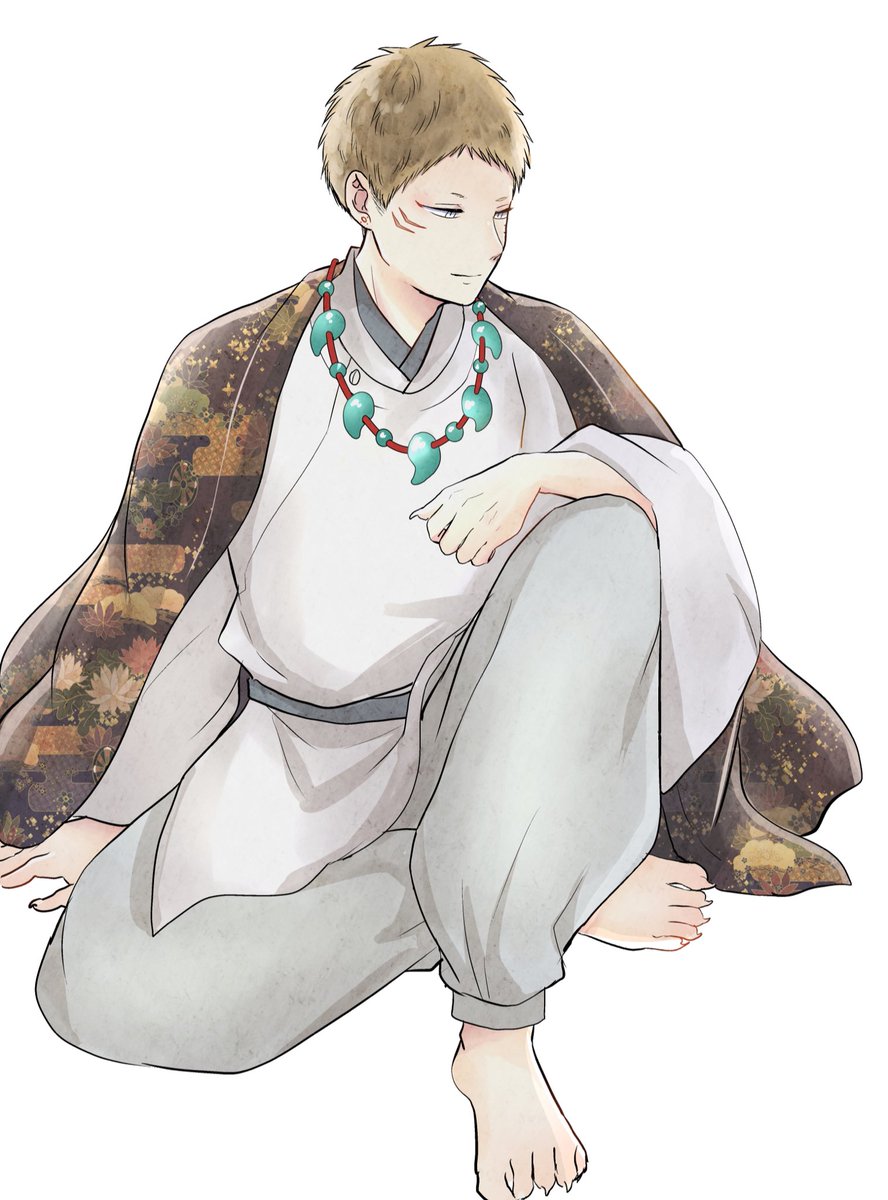 1boy male focus solo jewelry necklace sitting japanese clothes  illustration images