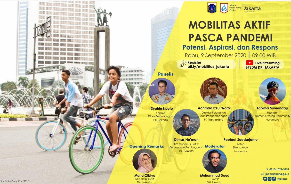 DKIJakarta's tweet photo. Pemprov DKI Jakarta mengajak masyakarat berkolaborasi dalam penyusunan kebijakan terkait mobilitas aktif di saat pandemi dan pasca pandemi.
https://t.co/xqFV872uFI
#bpsdmdki #jppc #jktppc #jagajakarta #transportasipublik @JKTPPC https://t.co/tEPuLJKgoT