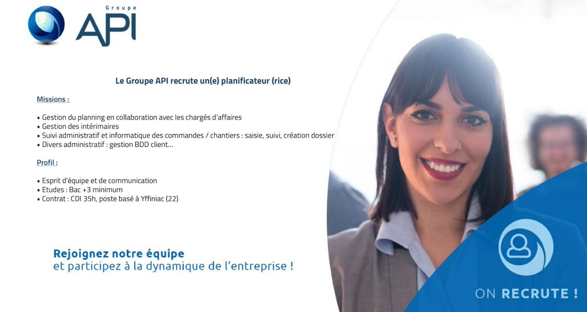 groupeapi's tweet photo. #Recrutement Le Groupe API recrute ! N'hésitez pas à nous envoyer votre CV et lettre de motivation.
https://t.co/gYL33fAV3T https://t.co/3XmSCc8N9S