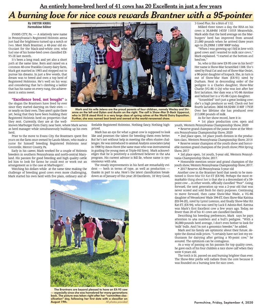 aAaWeeks's tweet photo. Congratulations to the Brantner family on 20 EX, 18 VG and 3 GP cows in their 100% homebred 41-cow herd, with a 36,648M, 1455F, 1101P RHA!
#aAaWeeks #SireTheNeed #BetterFormBetterFunction https://t.co/5UE5qMq1rN