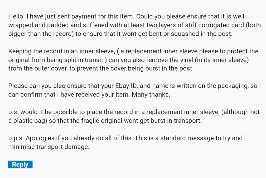 GRDHoops's tweet photo. Sold a *used* vinyl LP on Ebay. Still can't get my head around the buyers 'detailed' packing instructions. Was going to message back & ask if they wanted chocolate sauce and 100's & 1000's on it too....#kinhell #ebay https://t.co/EEXIqbOowT