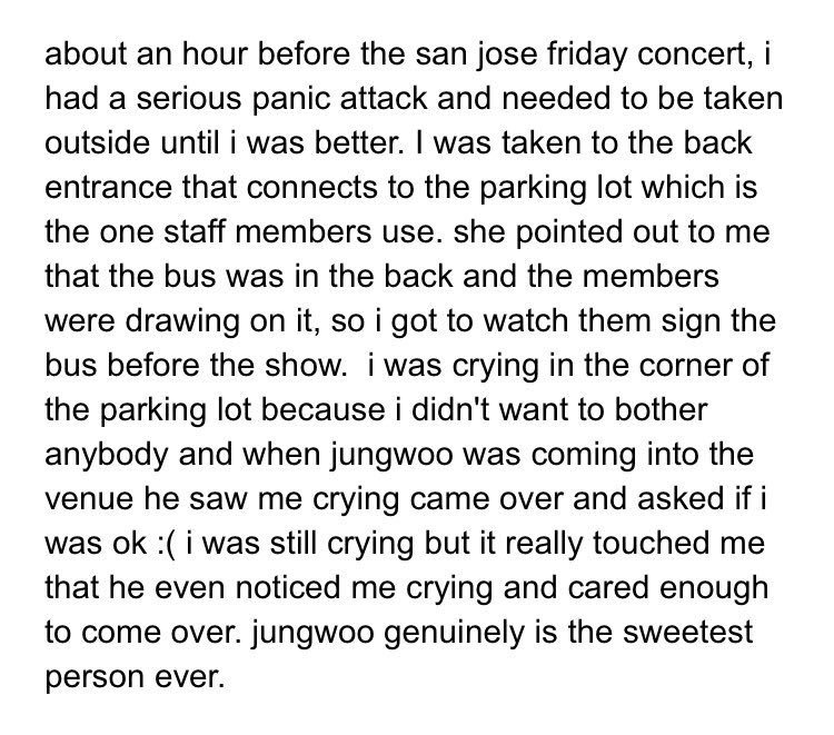 myprince0219's tweet photo. Jungwoo is really humble, kindest, sweetest, good looking, and all the beautiful things on him. When NCT 127 had a concert at San Jose. A fan got panicked attack and crying, then jungwoo came over to take care her well~♡ which made op really touched. Literally angel jungwoo https://t.co/gI6U0nW0fW