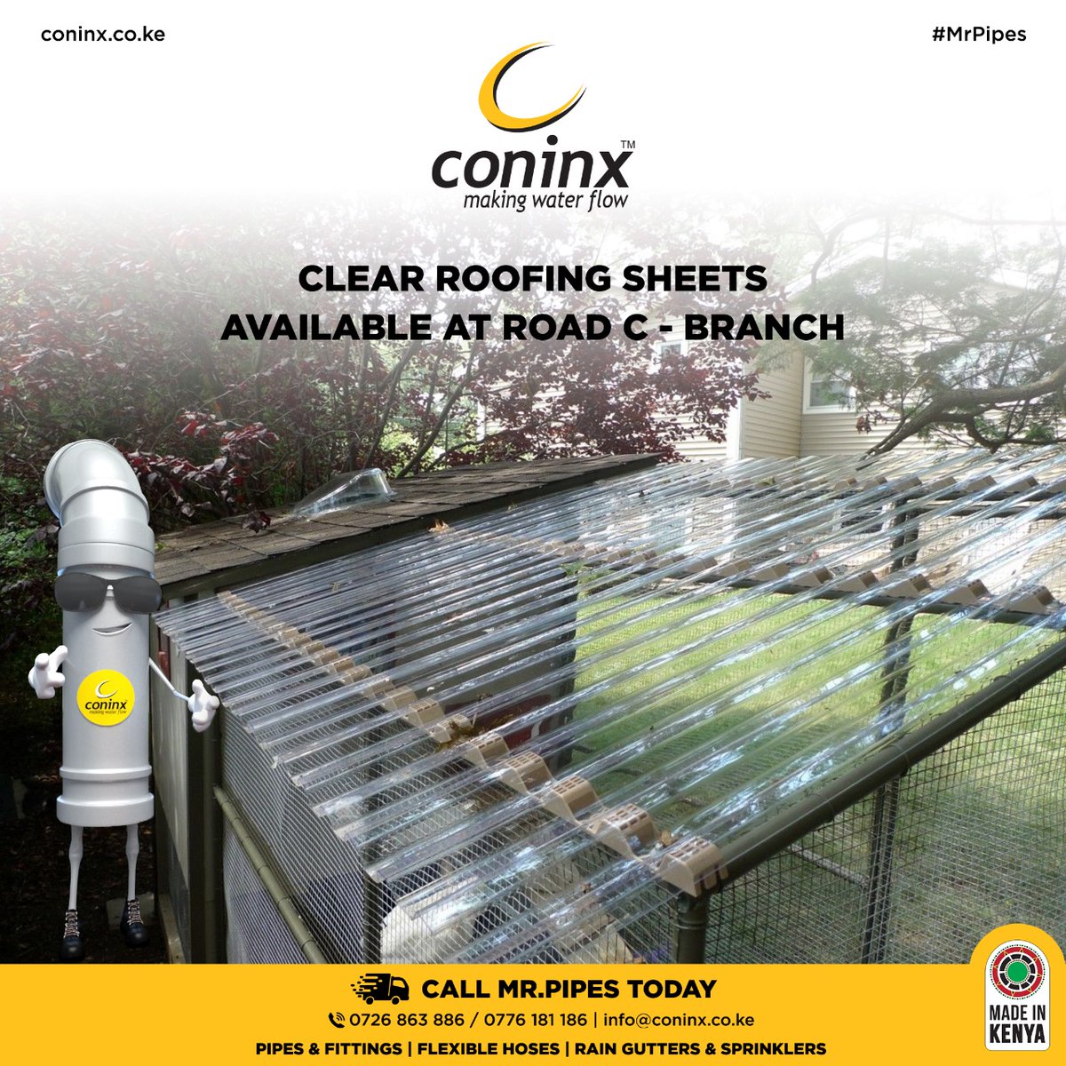 KeConinx's tweet photo. Are you looking for a roofing solution requires natural light to be let in through the roof?
We've got you covered 😏
Call Mr.Pipes today for more information on 0777 083 499/726 863 886 or email info@coninx.co.ke for more information.
#MrPipes
#RoofingSolution
#MakingWaterFlow https://t.co/Ge7KEnDLfz