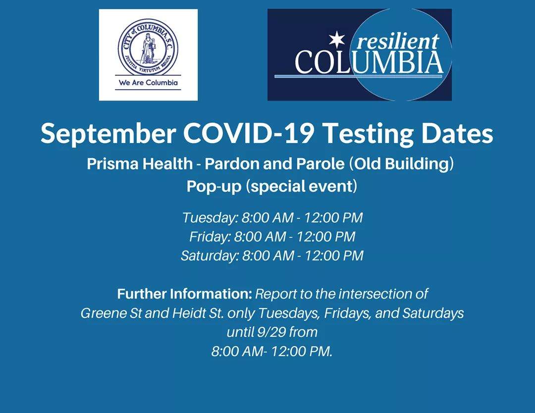 LeshiaUtseyPR's tweet photo. #HappeningNow
Looking for free #COVID19 tests?
 @CityofColumbia and partner agencies are providing free testing every Tuesday, Friday and Saturday in September. #ResilientColumbia https://t.co/DqWs2caLXc