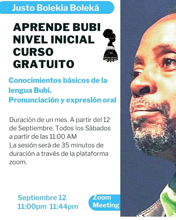 InfoBaney's tweet photo. Tienes la oportunidad de aprender el Bubi con JUSTO BOLEKIA BOLEKÁ @JBolekiaB
Es Escritor de Relatos y Cuentos, Romancista, Poeta, Profesor de la Universidad de Salamanca, Narrador de cuentos Tradicionales Bubis y Africanos. 

No te pierdas dicha oportunidad. 
#InfoBaney #yeyeba https://t.co/RuL1qwtmJa