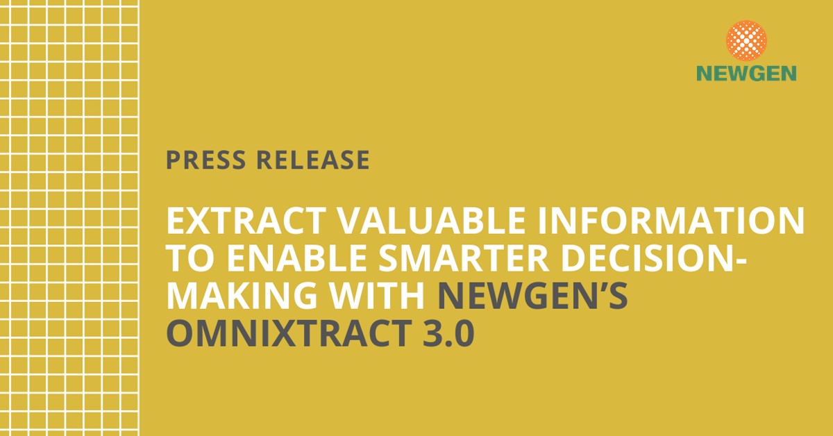 newgensoftware's tweet image. Newgen Software has launched OmniXtract 3.0, an enhanced version of its intelligent #dataextractionsoftware. The latest version of the software leverages intelligent technologies to enable accurate extraction of critical data from paper & digital documents hubs.la/H0vNQVc0