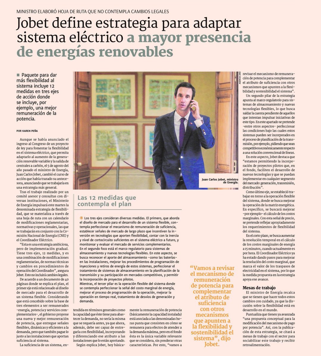 “Es una estrategia ambiciosa, pero de implementación gradual. Tiene tres ejes, 12 medidas, y es una combinación de modificaciones reglamentarias, normas técnicas y cambios en procedimientos de operación del <a href="/coord_electrico/">CoordinadorEléctrico</a>”, ministro <a href="/JCJobet/">Juan Carlos Jobet</a> sobre Estrategia de Flexibilidad ⚡️