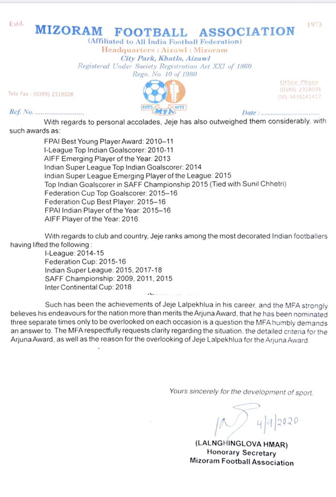 BjornDeniese's tweet photo. The #MizoramFootball Assoc asks @KirenRijiju whats the detailed criteria for one to receive th prestigious #ArjunaAward. Also details the accomplishments of #JejeLalpekhlua who was short listed on 3 separate occasions but lost out for reasons unknown. @IndianFootball @bhaichung15 https://t.co/5hEP67x26q