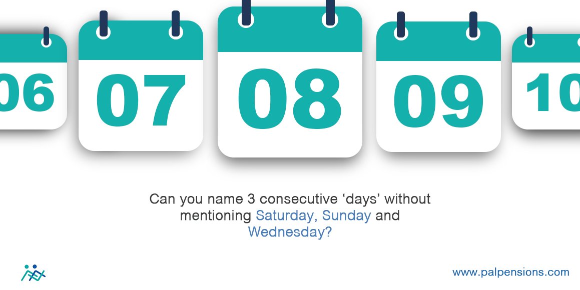 PALPensions's tweet photo. Can you name three consecutive 'days' without mentioning Saturday, Sunday and Wednesday?
First correct answer wins airtime
#gametuesday #ganetime #tuesdayvibes #tuesdaymood #palpensions #yourpalforlife https://t.co/Js3eDeIa8S