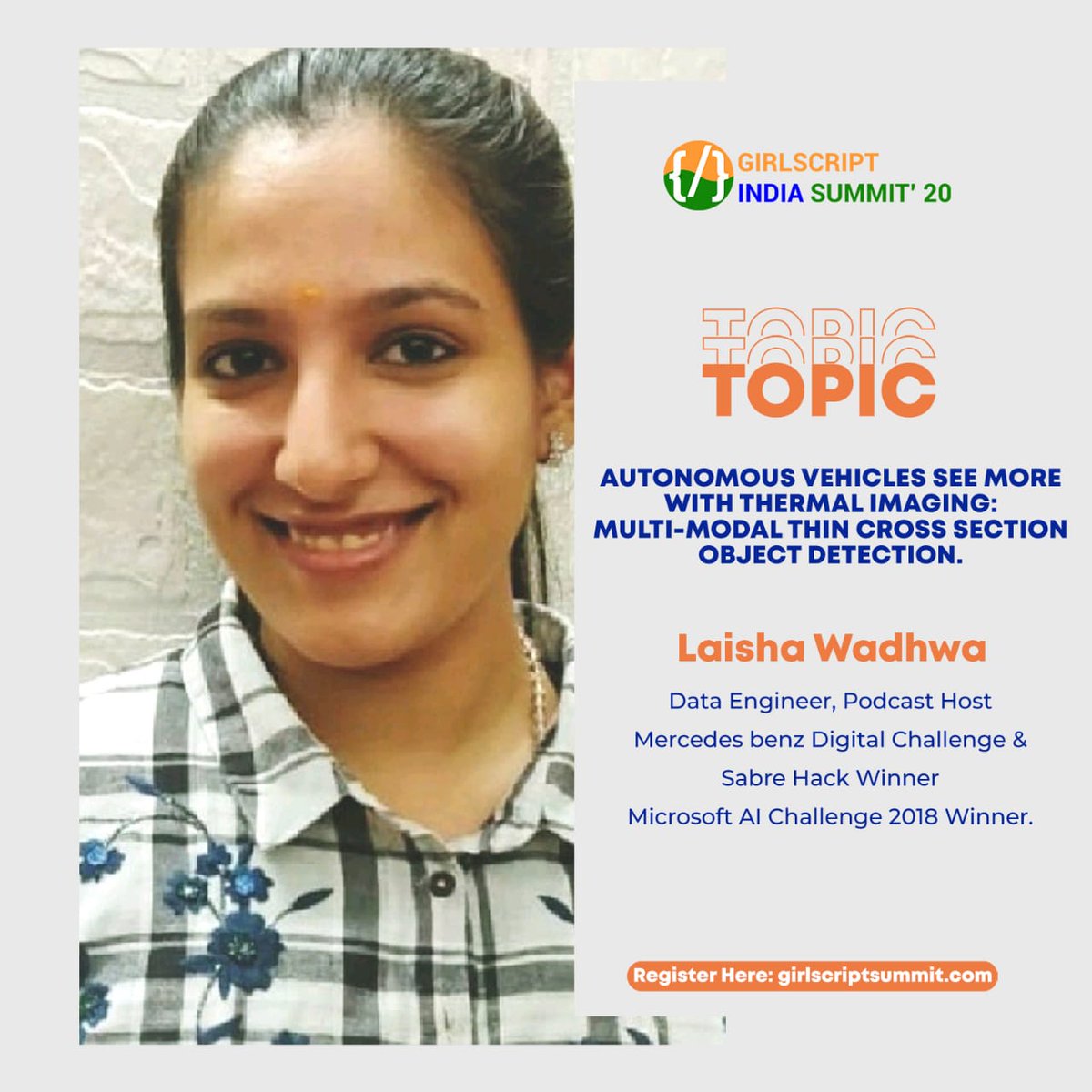 gssummit_2021's tweet photo. @Girlscript1 Presents a session on "AUTONOMOUS VEHICLES SEE MORE WITH THERMAL IMAGING: MULTI-MODAL THIN CROSS SECTION OBJECT DETECTION" by @laishawadhwa. She is a Data Engineer at https://t.co/zzNRfvw6b1, India👩🏻‍💻.

Register now for Summit:
https://t.co/kPMg2gX2lv

#girlscript https://t.co/lmPSJnPwL6