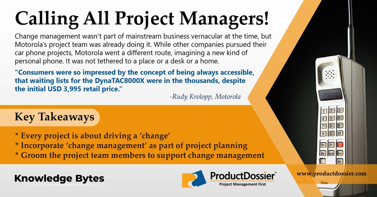kytespsa's tweet photo. Motorola’s personal phone project is a shining example of incorporating a #changemanagement strategy to drive #projectsuccess. Here are a few takeaways from this ambitious project. #projectmanagement  #projectmanager #keytakeaways #motorola #projectchallenge https://t.co/pT15xeLv2X