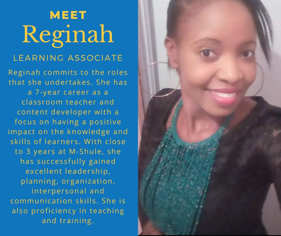 OurMShule's tweet photo. Today, we would like to introduce you to @ReginahNM, Learning Associate at #MShule! https://t.co/rY9bD1mvwH
