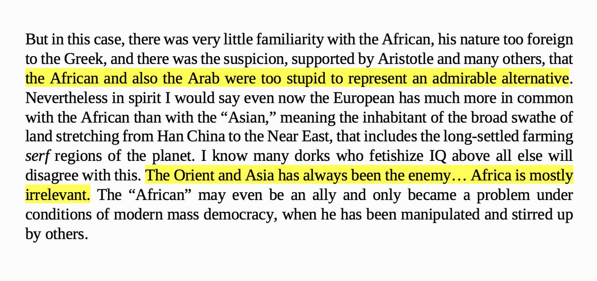 cw: racismBAP continues his promotion of racist-eugenic hierarchies of intelligence, with Africans and Arabs deemed to be "stupid", while also viewing Africa as "mostly irrelevant" and even a potential "ally", with the belief that "The Orient and Asia has always been the enemy"