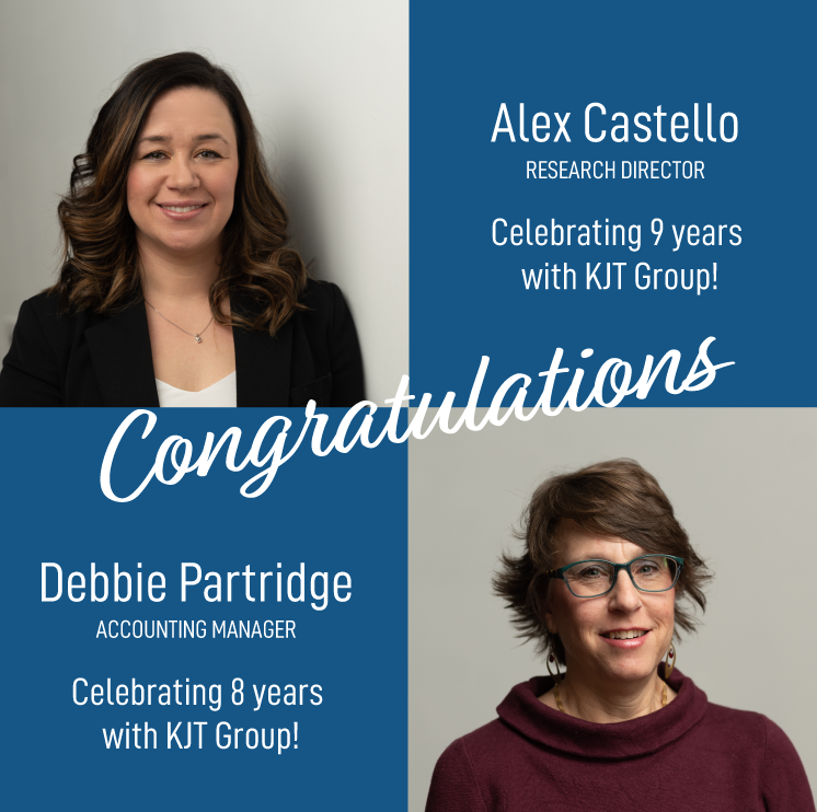 KJTGroup's tweet photo. Congratulations to Alexandria (Alex) Castello and Debbie Partridge, both celebrating their work anniversaries this month! Thank you for ensuring our clients get actionable insights, and for helping us grow! #WorkAnniversary #ValuedEmployees #EmployeeOwned #TopWorkplace https://t.co/fMaoVPsGv5