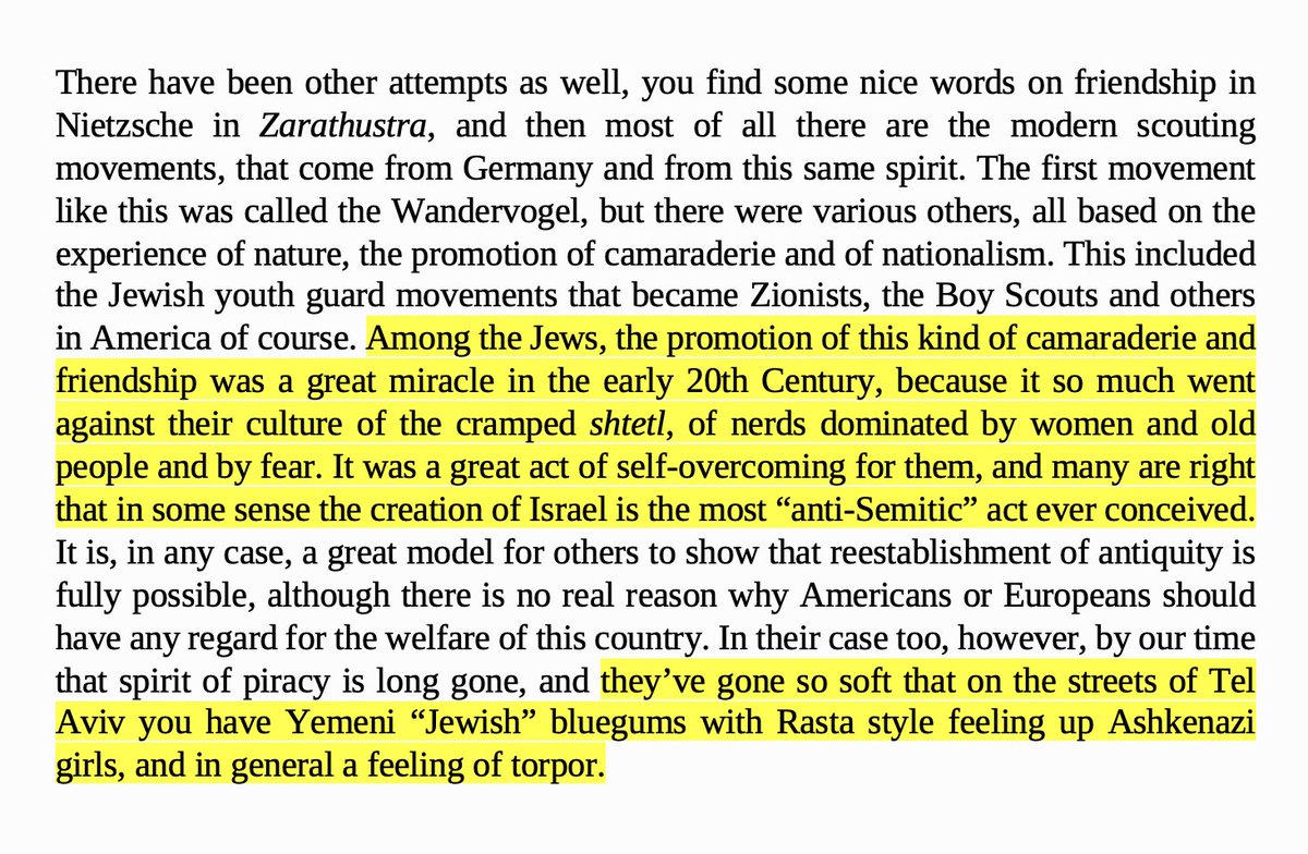 cw: antisemitism, racismWearing his antisemitism on his sleeve, BAP calls the creation of Israel "a great act of self-overcoming" & "the most anti-Semitic act ever conceived", in which Jews overcame their "Jewish" (ie "weak") nature—before he then rancidly attacks Yemenite Jews