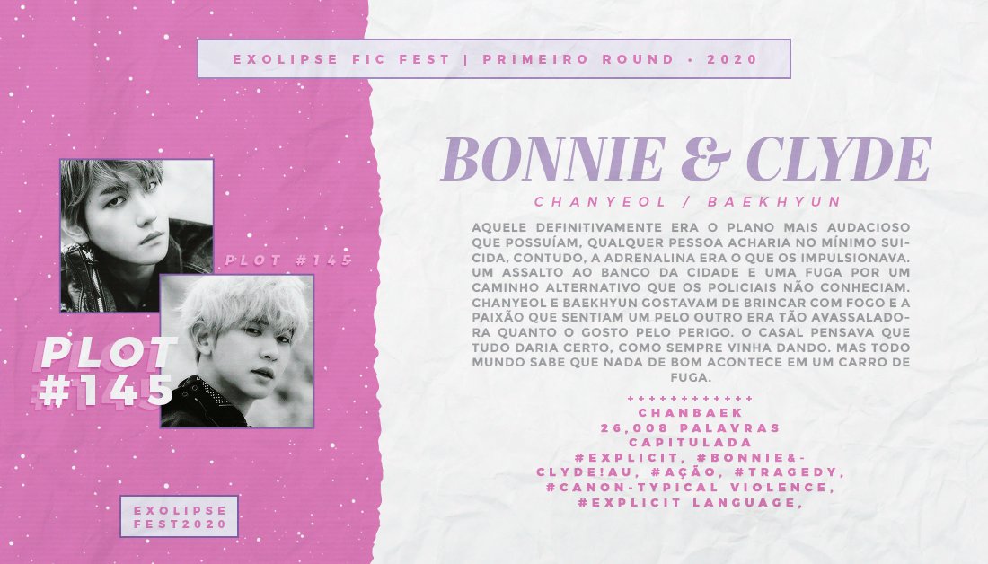 exolipseficfest's tweet photo. → Bonnie &amp; Clyde

⋇ Baekhyun / Chanyeol
⋇ #Plot145 | Explicit | 26,008 palavras
‣  https://t.co/TGfCkaHHKN https://t.co/9cRcbGul7s