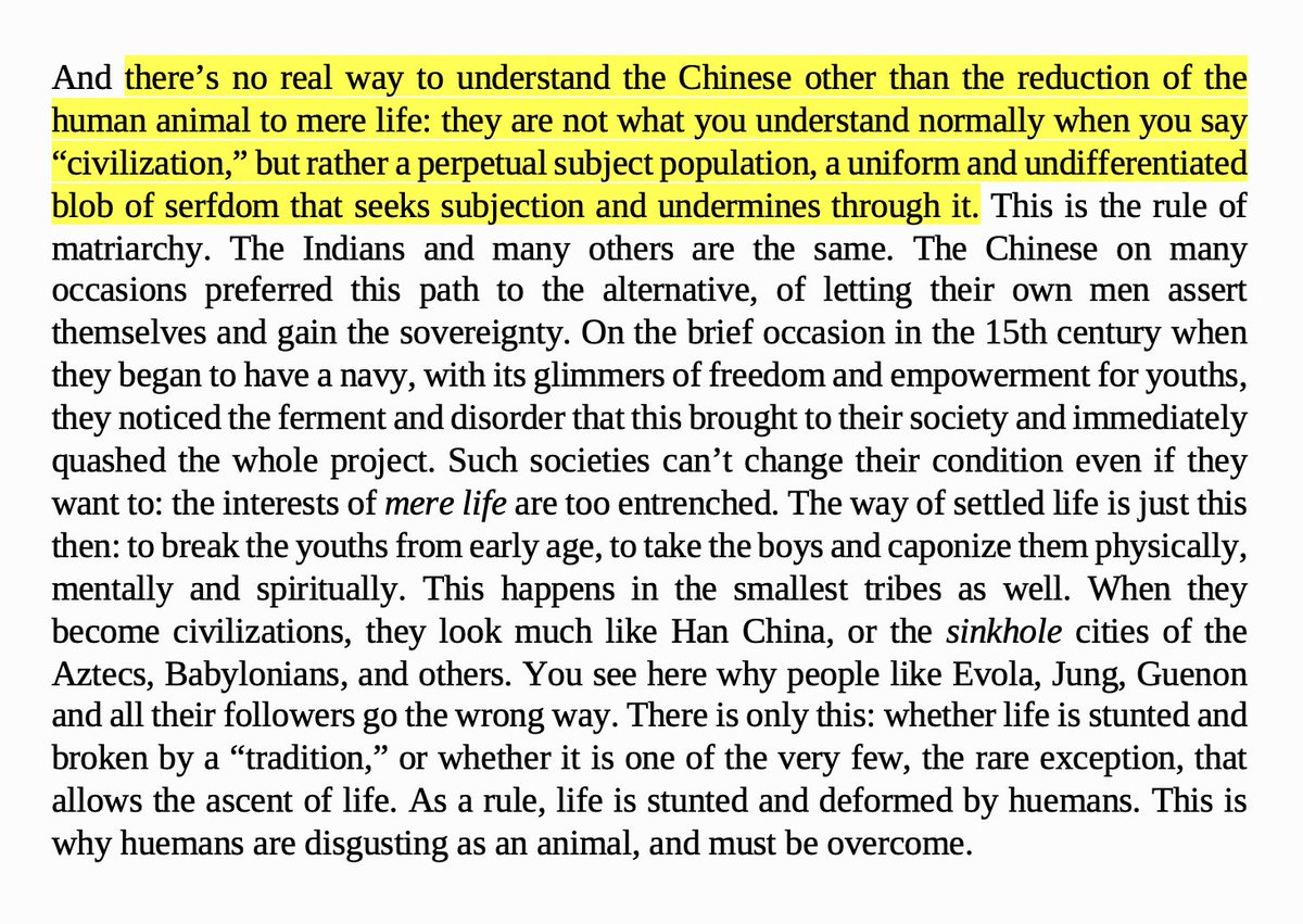 cw: racismBAP directs some of his most dehumanising vitriol at Chinese and Indian people, branding them "the reduction of the human animal to mere life" and "a uniform and undifferentiated blob of serfdom" (distinguishing his ideology slightly from that of Evola in the process)