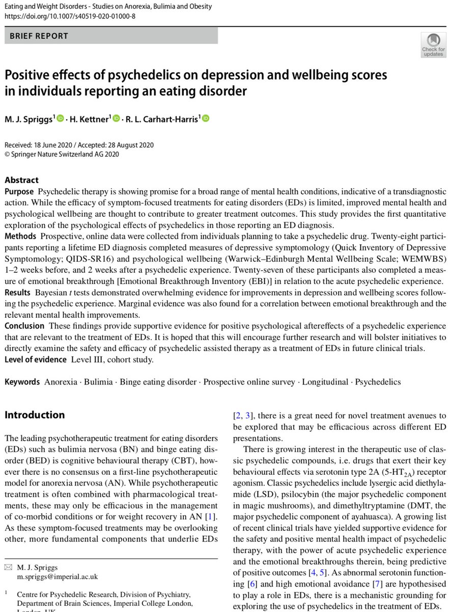 RCarhartHarris's tweet photo. Big up Meg Spriggs. Delighted to share our first modest contribution into interface between psychedelics and eating disorders. Much more to come over next 2 years+: https://t.co/u2dzXGZ4fl https://t.co/8QafsPA04s
