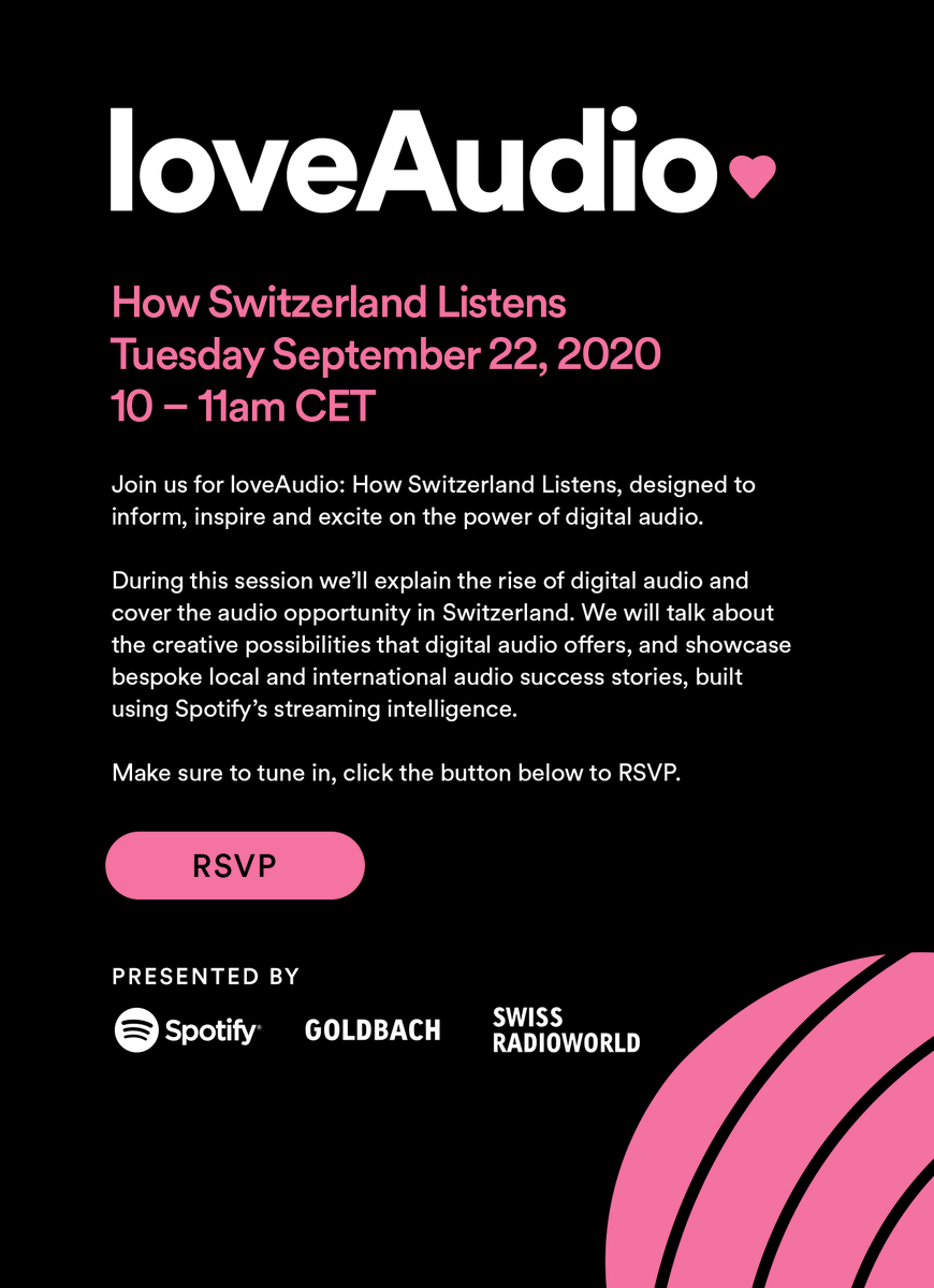 loveAudio - How Switzerland Listens - Swiss Radioworld lädt mit Goldbach Audience und <a href="/Spotify/">Spotify</a> zum #Webinar ein. Die Speaker zeigen die vielfältigen Möglichkeiten, die #Audio in der Schweiz bietet. Jetzt anmelden! spotifyloveaudioch.splashthat.com