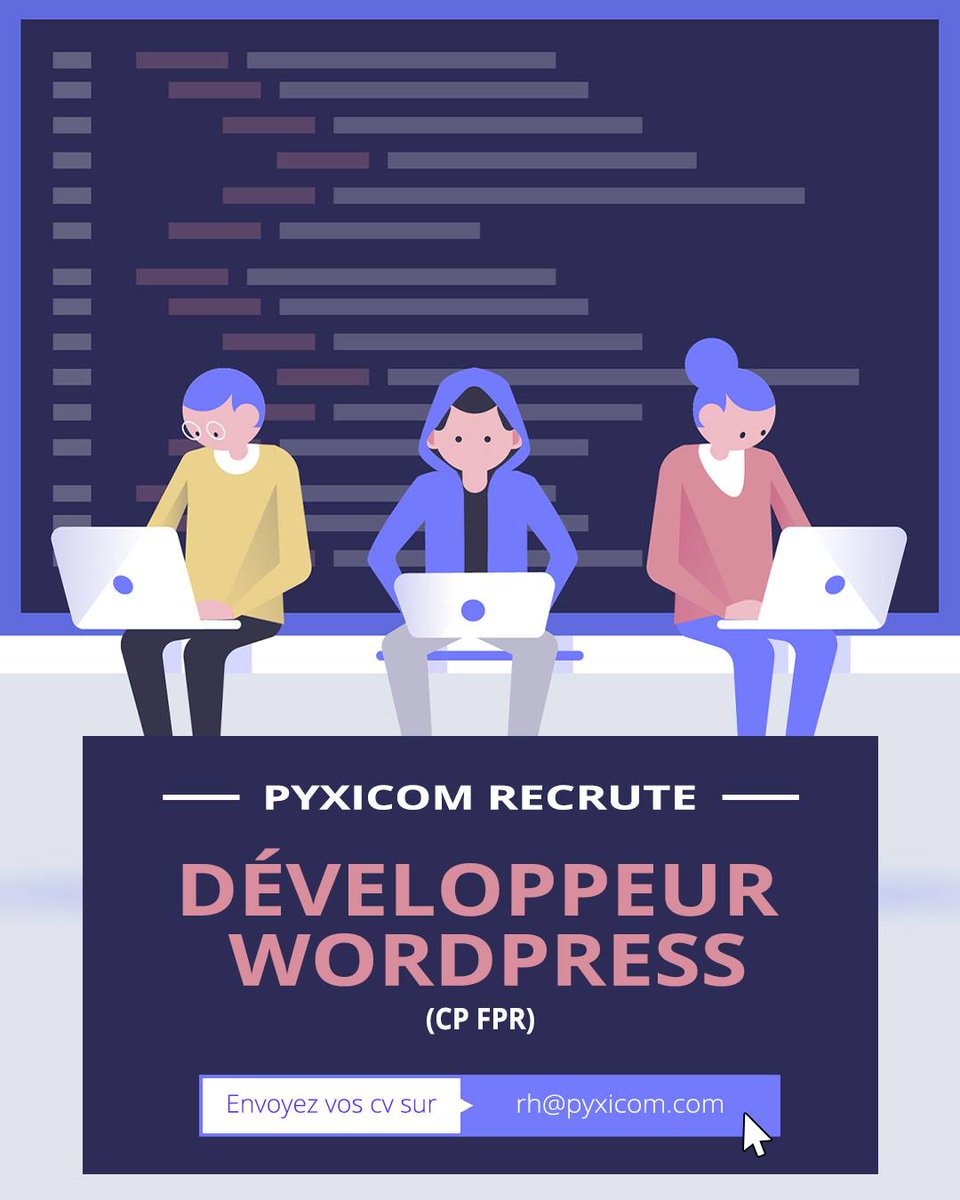 pyxicom's tweet photo. PYXICOM RECRUTE !
« UN(E) DÉVELOPPEUR(SE) WORDPRESS "
Agence web/digital, depuis 20 ans, au Maroc et à l'Offshore, recrute dans le cadre de son activité, UN(E) DÉVELOPPEUR(SE) WORDPRESS
Envoyez votre CV (Objet: CP-FPR) sur : rh@pyxicom.com https://t.co/xkU5yuwN3l