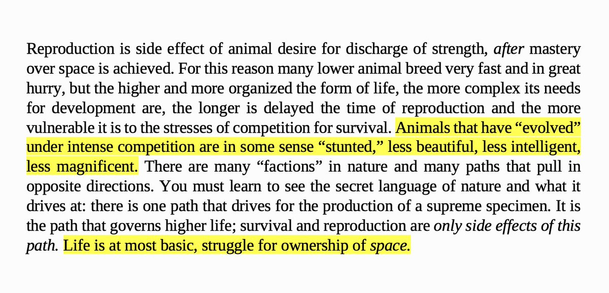 This particularly Nazi 'Blood and Soil' passage speaks of a "struggle for ownership of space"—essentially calling for Lebensraum (living space for the master race)—claiming "the white race…is in general hostile to the way of life of the tribes that like a close-packed existence"