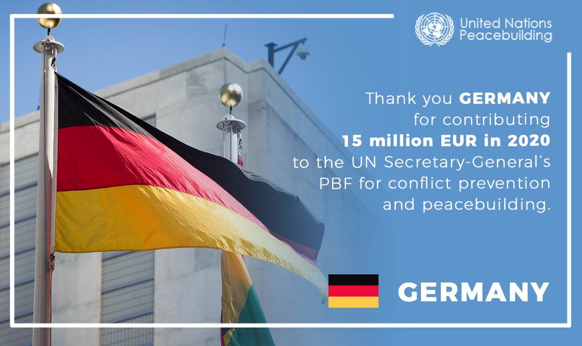 UNPeacebuilding's tweet photo. Thank you, Germany🇩🇪 
for contributing 1⃣5⃣million EUR in 2020 
to the @UN Secretary-General’s @antonioguterres  Peacebuilding Fund 
for conflict prevention and peacebuilding. 
🇺🇳🇩🇪 https://t.co/tYDLG6Rif7