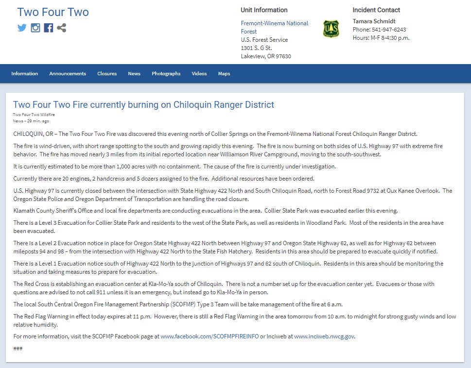 CEDRdigital's tweet image. 🔥NEW🔥 #TwoFourTwoFire in #Oregon
Fire is north of #CollierSprings on the Fremont-Winema National Forest in #Chiloquin Ranger District.
#Klamath County Sheriff is conducting evacuations for info: 
inciweb.nwcg.gov/incident/artic…