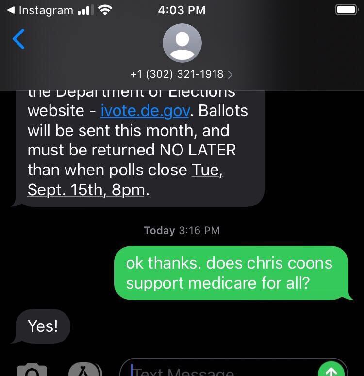Screenshot of text message showing a Coons campaign volunteer incorrectly saying he supports Medicare for All