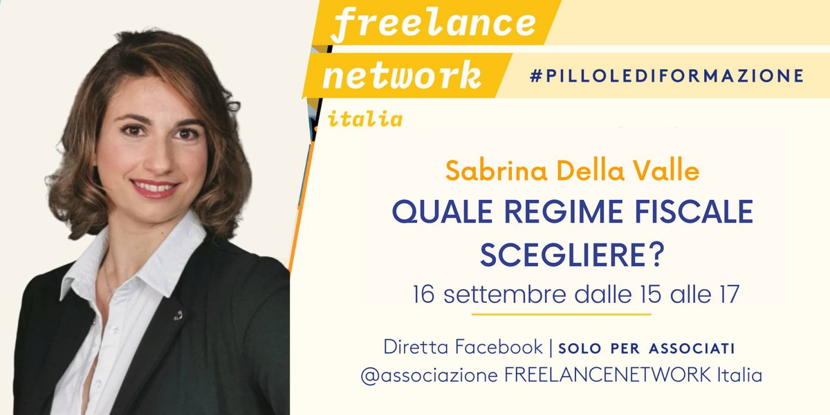 #pilloladiformazione 16 settembre ore 15.00 -17.00
Abbiamo chiesto a Sabrina Della Valle di aiutarci a sciogliere i mille dubbi che riguardano partita iva, regime fiscale, detrazioni e deducibilità...
#Formazione solo per gli associati. Vai su diretta FB
.<a href="/SabrinaDellaVa1/">Sabrina Della Valle</a>