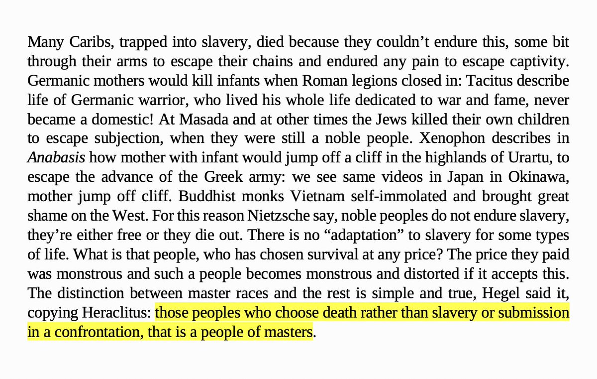 cw: slavery, suicide, infanticideIn a rambling passage about slavery, BAP argues that ethnic groups that "choose" slavery over mass suicide are inferior to the "master races", who would choose death over submission