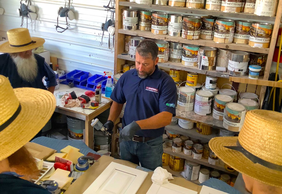 dsi_service's tweet image. Dozens of Pro Wood Finishers in West Salem, Ohio attended a spray day sponsored by M.L. Campbell and DSI Thursday, Sept. 3 at JL Cabinetry. They reviewed new products and the latest finishing techniques while enjoying common sense, fellowship and food. #MLCampbell #WoodFinishing