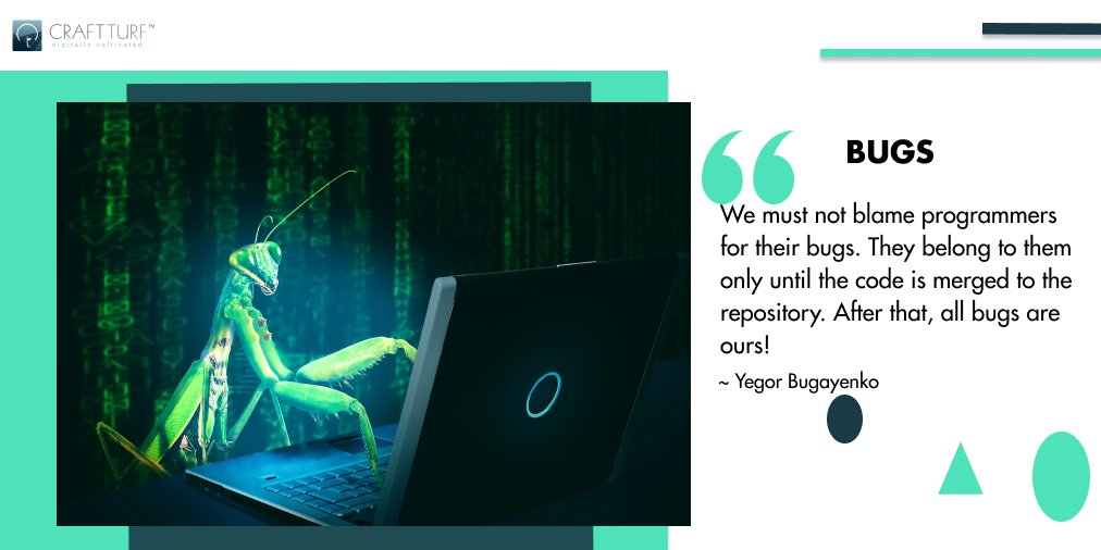 craftturf's tweet photo. "We must not blame programmers for their bugs. They belong to them only until the code is merged to the repository. After that, all bugs are ours!" 

~ Yegor Bugayenko

#CraftTurf #SoftwareCompany #TuesdayThoughts #TuesdayMotivation https://t.co/T03nJH4eZT