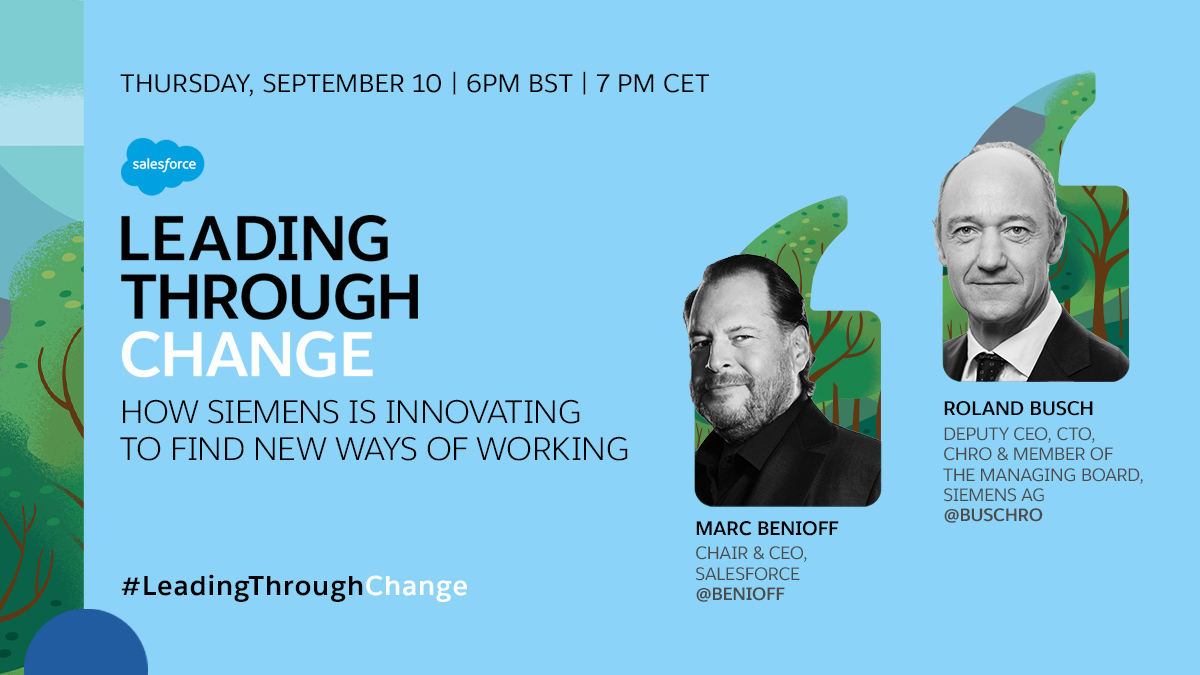 Siemens steht seit 170 Jahren für Innovation &amp; Transformation. Am Donnerstag spricht 
<a href="/Benioff/">Marc Benioff</a> mit <a href="/BuschRo/">Roland Busch</a> darüber, wie es ihm bei <a href="/Siemens/">Siemens</a> gelingt eine Innovationskultur zu etablieren und warum er den Fokus auf Vertrauen legt #leadingthroughchange salesforce.com/eu/form/webina…
