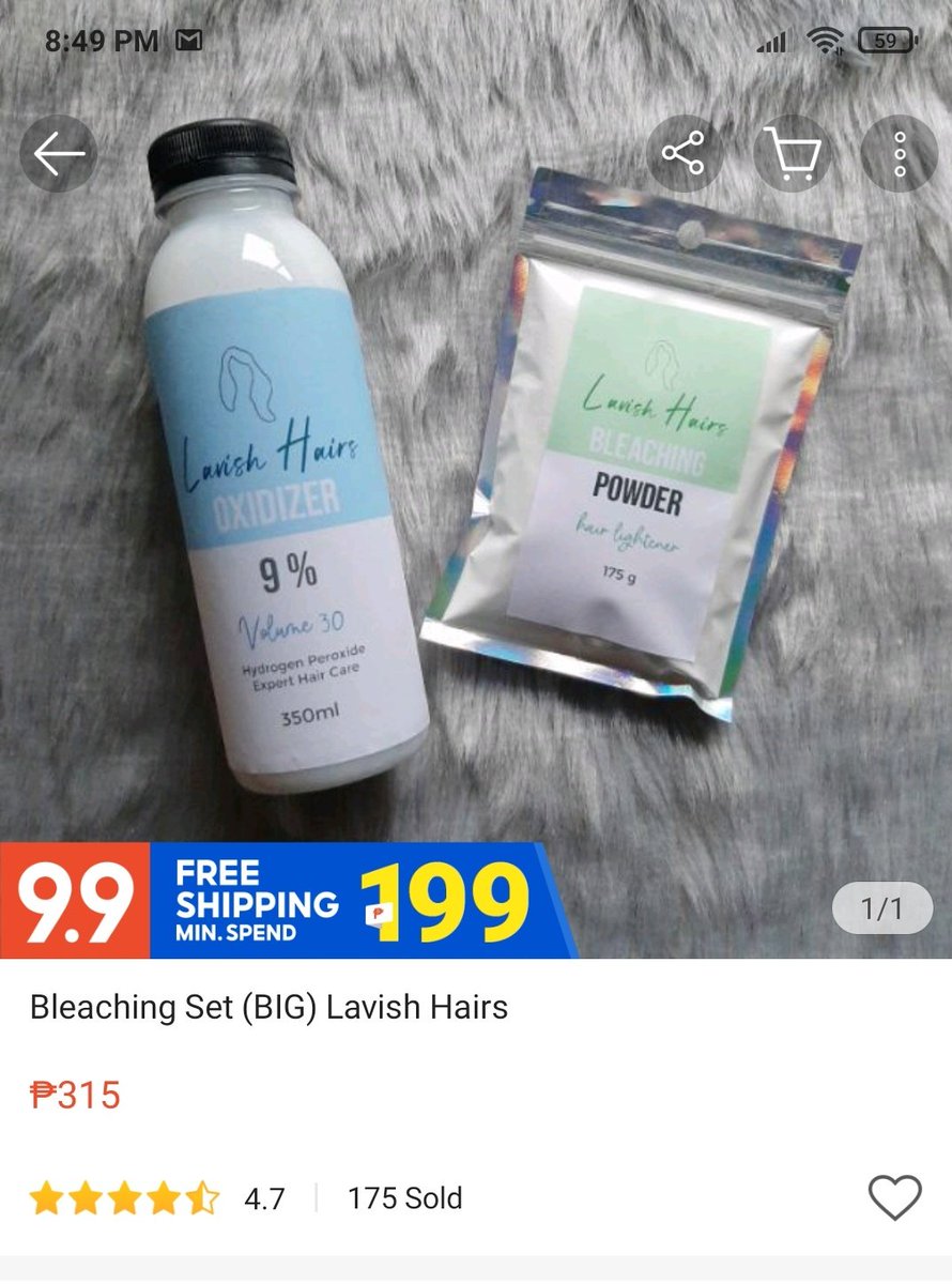 this hair bleaching set from lavish hairs super sulit na sha may 175 grams of bleach and 350 mL na oxidixer and u can choose from 30vol (9%) or 40vol (12%) goods na sha for 1 bleaching session for long hair and 2 sessions for shoulder to medium-length hair https://shopee.ph/product/1...