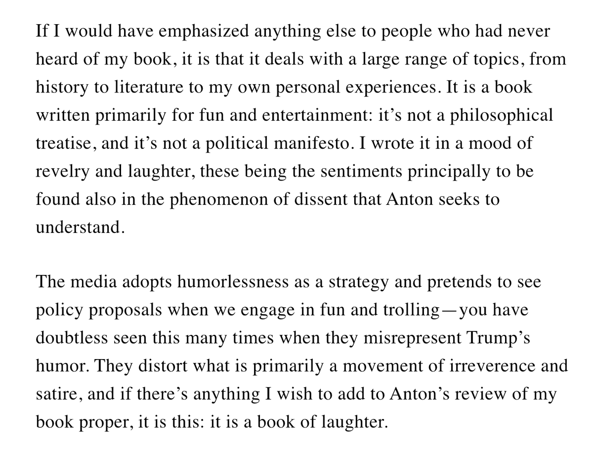 Writing for right-wing thinktank Claremont Institute, BAP similarly attempts to evade scrutiny, claiming his book is "primarily for fun and entertainment"However, as  @FromaLeftWing observed of the gleeful troll, "that they enjoy their hate makes them more frightening, not less"