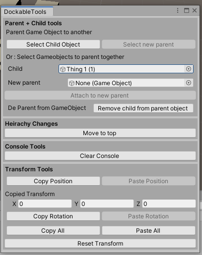 timpa's tweet photo. Officially releasing the next version of my #tools for #unity3d
Dockable window to let you quickly change parents, de parent things, copy/paste position or rotation between objects and more.
https://t.co/E4YGTcOww8
#madewithunity #madeforunity #freeasinbeer https://t.co/hoFj2sdK6A