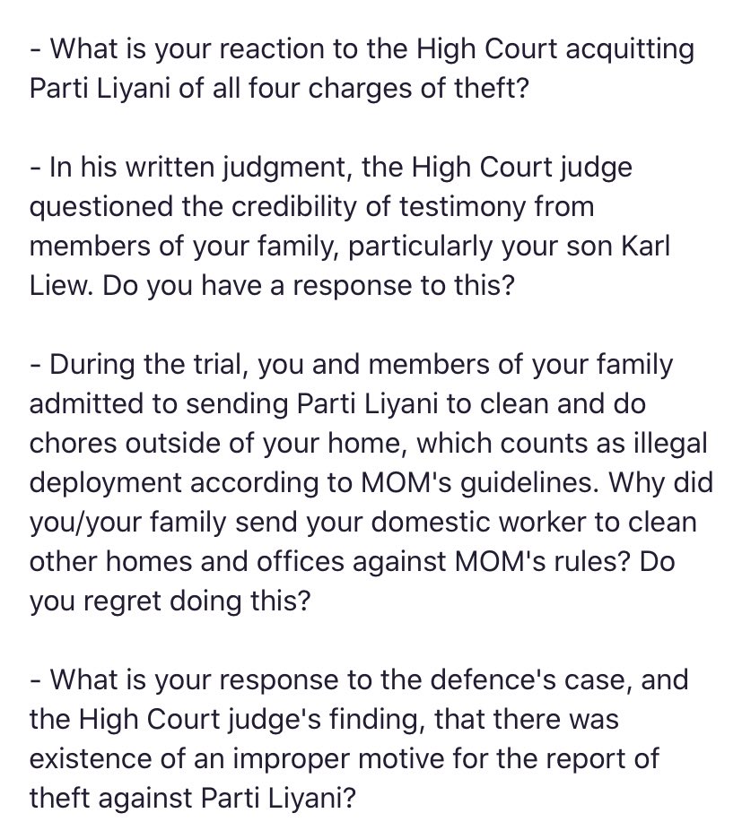 These are questions I sent to Liew Mun Leong on 6 Sept. No reply.Liew and his family gave their side of the story in court and the appeal judge has ruled. He has the right to reply to press coverage but the illegal deployment stuff is fact.  https://twitter.com/todayonline/status/1303305723133046784?s=21