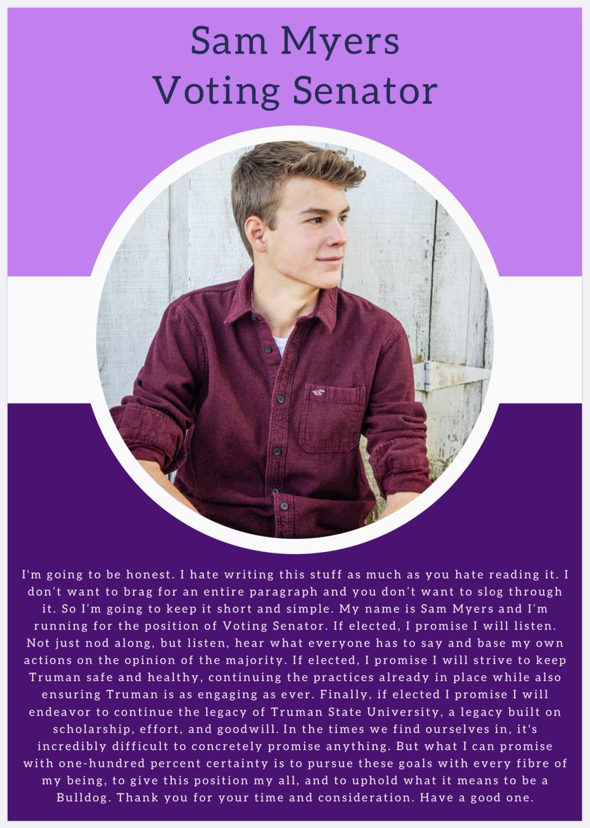 tsustugov's tweet photo. MEET THE CANDIDATES DAY 1:

Sam Myers, Voting Senator

*We are committed to promoting all candidates. The opinions &amp; words of the candidates are their own &amp; in no way reflect those of the Student Government. These postings serve only as promotions &amp; not endorsements.* https://t.co/UergeHkL9W