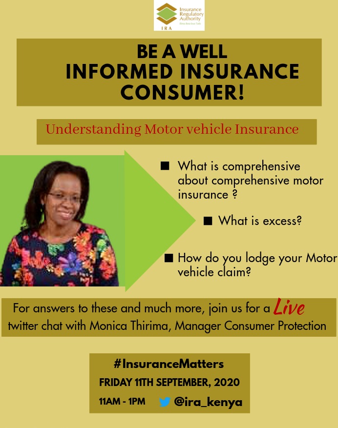 Understanding insurance....a reminder that we have a date! Friday 11th September from 11:00am - 1:00pm. Right here <a href="/ira_kenya/">IRA Kenya</a> 
<a href="/RBAKenya/">RBA Kenya Official</a> <a href="/CMAKenya/">Capital Markets Authority Kenya</a> <a href="/CBKKenya/">Central Bank of Kenya</a> <a href="/SASRA_ke/">The SACCO Regulator</a> <a href="/IraUganda/">IRA UGANDA</a> <a href="/KenyanInsurance/">Insurance Analyst</a> <a href="/Business_KE/">Business Today Kenya</a> <a href="/BD_Africa/">BusinessDaily</a> <a href="/The_EastAfrican/">The EastAfrican</a> <a href="/StandardKenya/">The Standard Digital</a> <a href="/TheStarKenya/">TheStarKenya</a> <a href="/PeopleDailyKe/">PEOPLE DAILY</a>