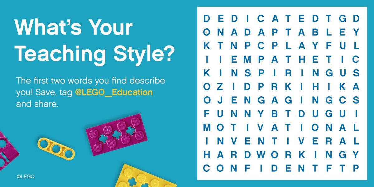 What's your teaching style? The first two words you find describe you! #LEGOedu
