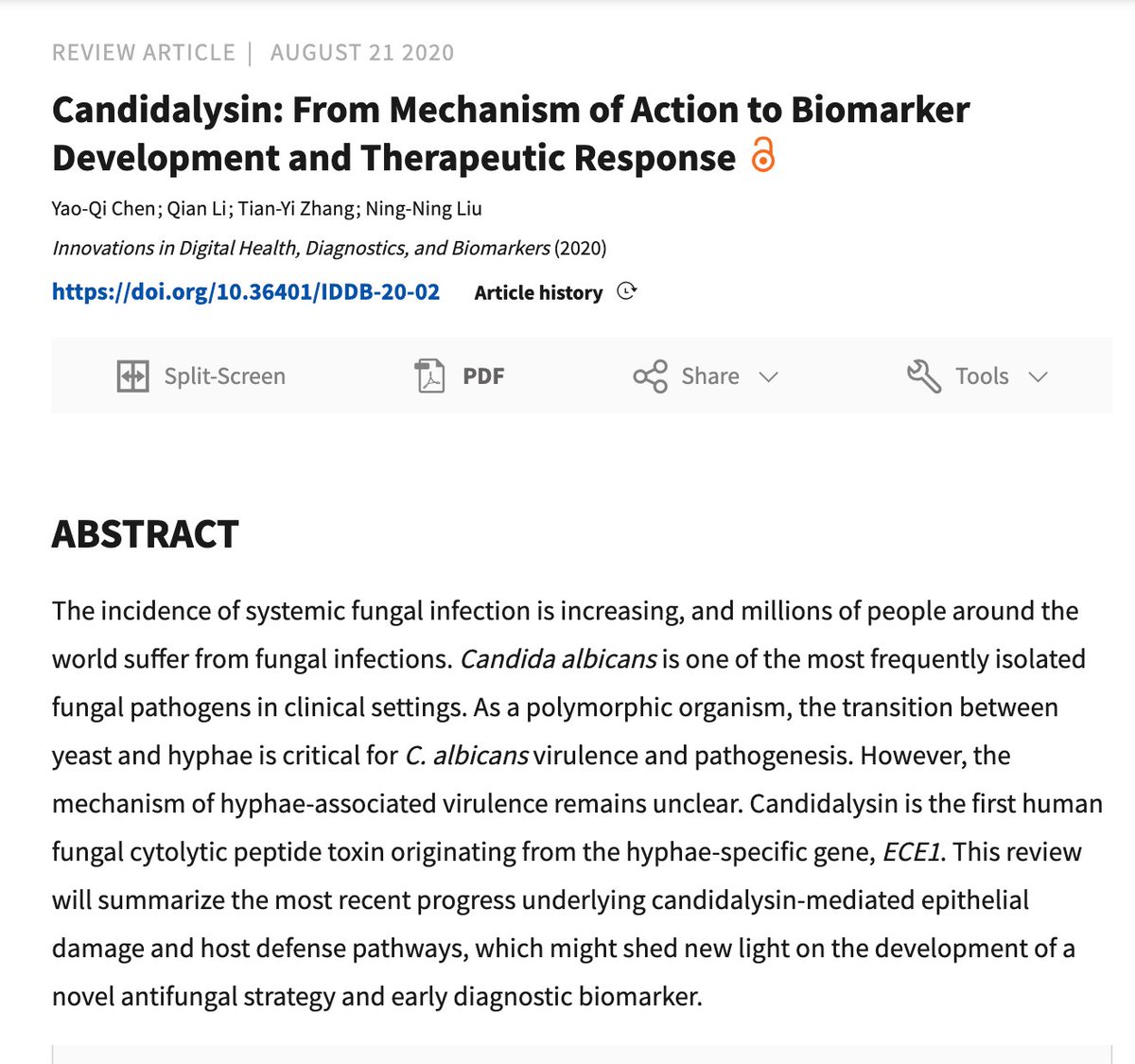 InnoJournals's tweet image. Fungal infections are becoming more common. A new review in #IDDB explores #Candidalysin: From Mechanism of Action to #Biomarker Development and Therapeutic Response. Yao-Qi Chen; Qian Li; Tian-Yi Zhang; Ning-Ning Liu. #IDDB 
doi.org/10.36401/IDDB-…