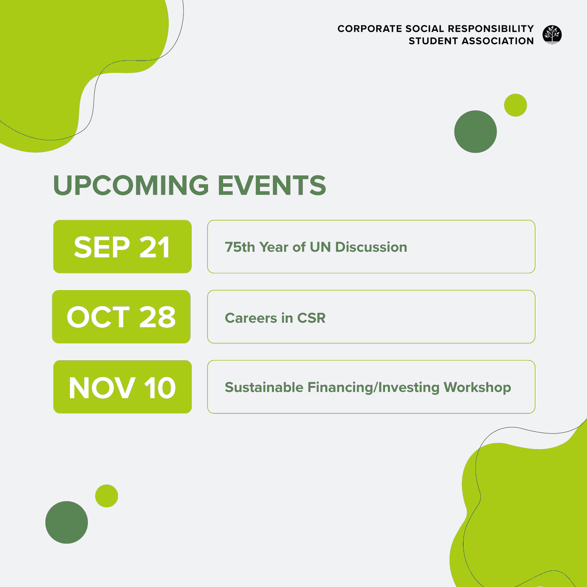 CSRSARYERSON's tweet image. Welcome back everyone! Although this school year may look a little different, CSRSA still has a number of events planned for this year. Some of our upcoming events can be found below. As of right now, all events will be held online. We hope to see you at one of our events!