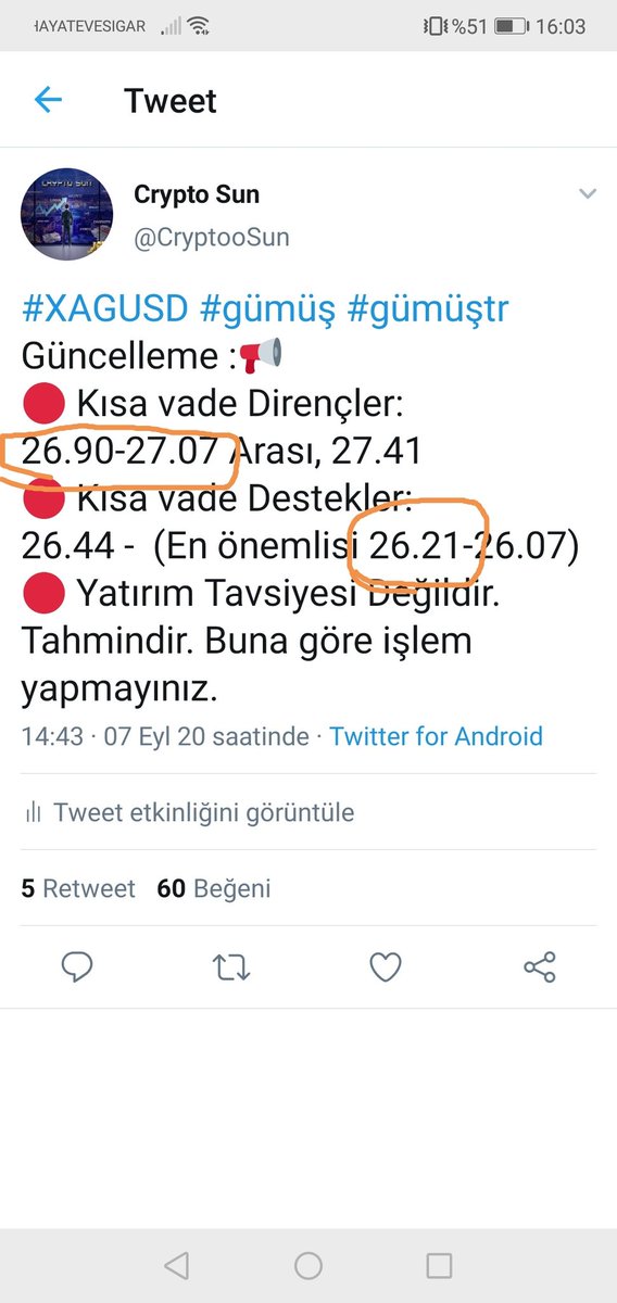 #xagusd #Xagtry
🔴 Gümüşte Nokta rakam yakaladık. 26.21 çok şükür. 0.001 oynamayı saymayız heralde. Hem yukarıda hemde aşağıda nokta rakamlar 💪 Bi Retwet alırım artık.
✔️Kazancınız bol olsun.😎
🔴 Yatırım Tavsiyesi değildir. Buna göre işlem yapmayınız.