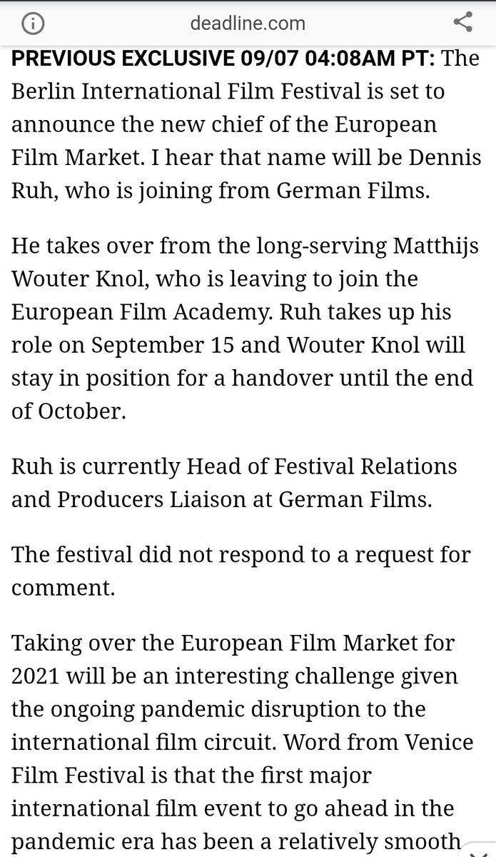 bombayberlin's tweet photo. Congratulation to #DennisRuh, for his new role as the director of European Film Market! Looking forward to see the progression of the market under his leadership.

https://t.co/BorVIww8xT

#EuropeanFilmMarket @berlinale @germanfilms @DEADLINE https://t.co/R7qO8xpdXn